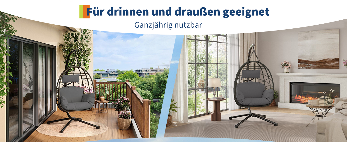 Підвісне крісло-гойдалка з металевим каркасом, ротанг, 150 кг, для саду, тераси, балкону, сіре