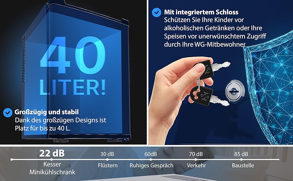 Міні-холодильник KESSER 40 л, тихий 22 дБ, з можливістю замикання, 4-16C, 57 см, внутрішнє освітлення, темно-синій