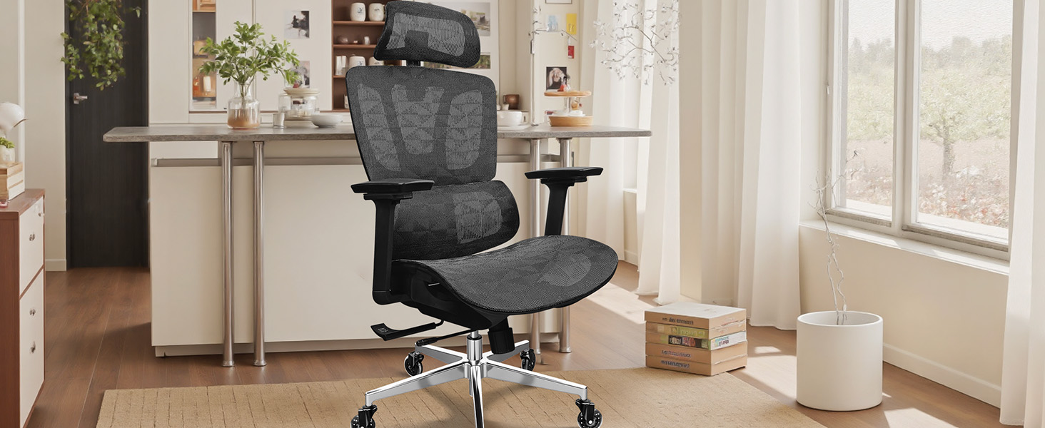 Ергономічне крісло для офісу, 4D підлокітники, регульована глибина сидіння, 4-рівневий нахил, гумові колеса, сітчаста сидіння, висока спинка, для великих людей, Homeoffice & Gaming, чорне ергономічне крісло з сітчастою подушкою сидіння