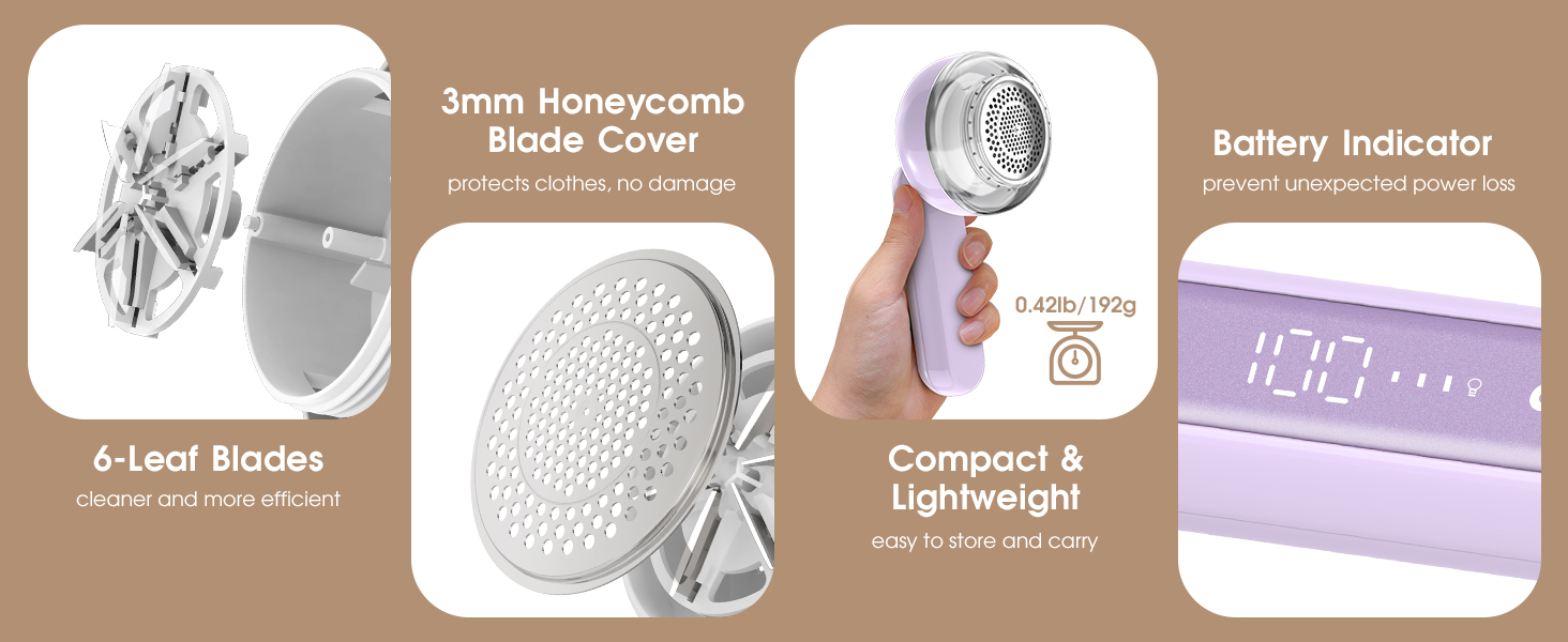 Електричний видальник ворсу COPPA з 6 лезами, 3 швидкості, перезаряджається, портативний, з індикатором заряду, для одягу (білий/фіолетовий)