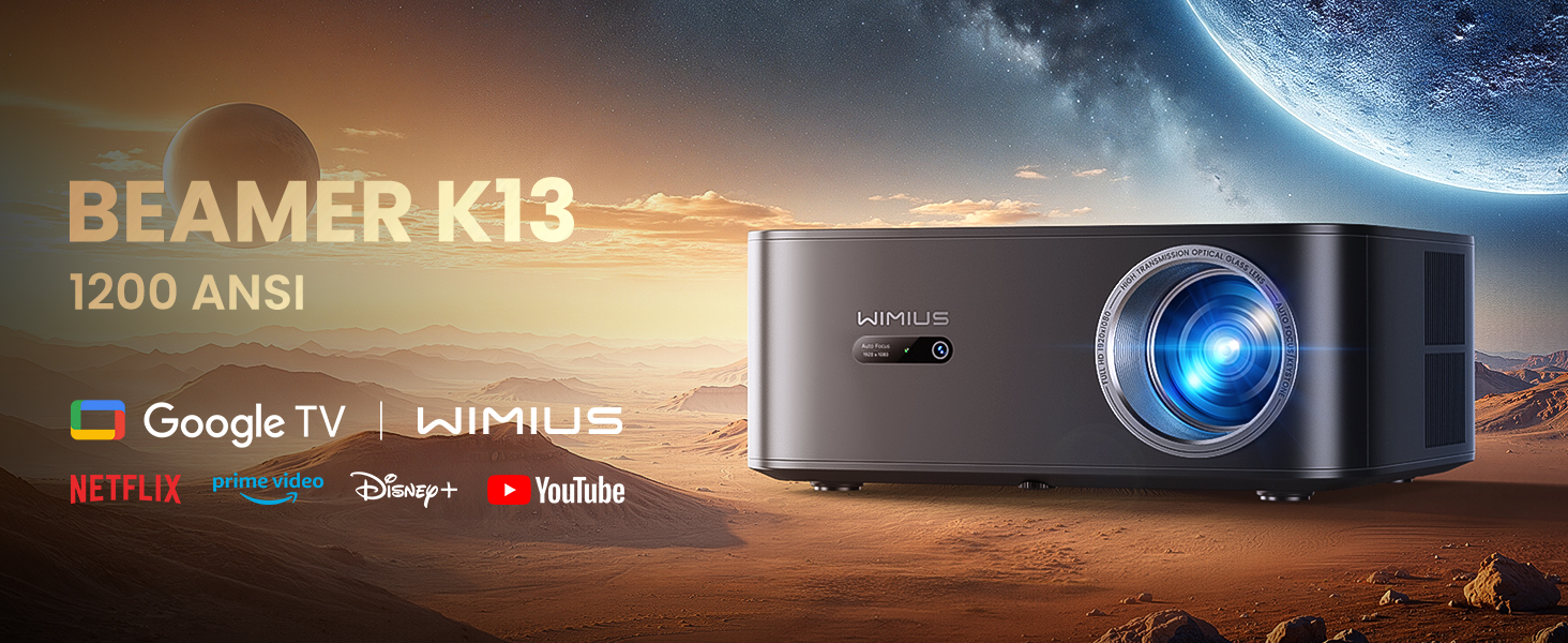 Beamer 4K для дому з Google TV, 1200 ANSI, Netflix, FHD 1080p, автофокус, корекція трапеції, 20W, WiFi6, Bluetooth, для вулиці, чорний