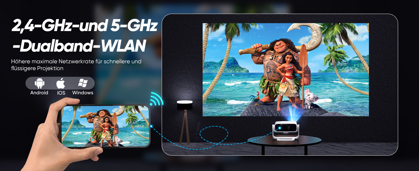 Розумний проєктор Beamer 4K Full HD 1080P, 25000 люмен, Android 11, WiFi 6, BT 5.2, обертовий штатив, для домашнього кінотеатру, сумісний з iOS/Android/Laptops, чорний