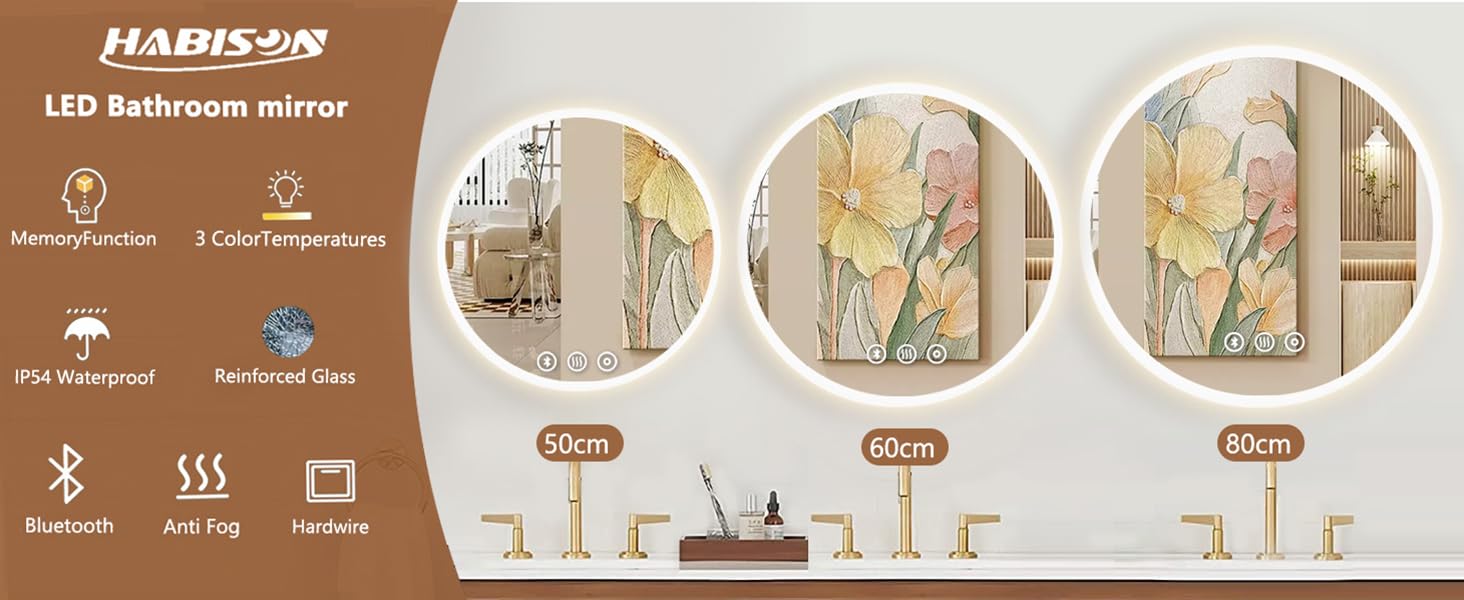 Дзеркало для ванної кімнати Habison з підсвічуванням LED, 70x70 см, з годинником, сенсорним вимикачем, регулюванням яскравості, запобіганням запотіванню та 3-х рівневим збільшенням.