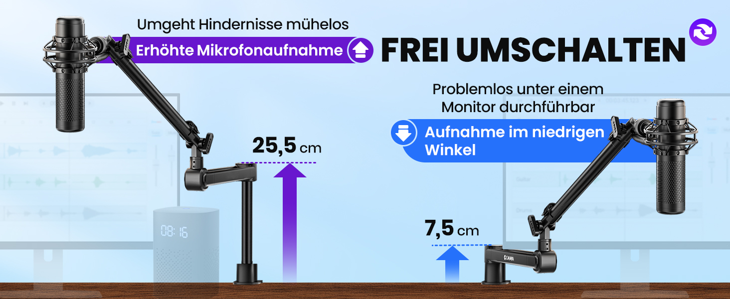 CAHAYA Мікрофонний стійкий кронштейн Boom Arm Professional: Регульований мікрофонний кронштейн з подовжувачем, дизайн під монітор для стрімінгу та запису, вантажопідйомність до 2.5 кг