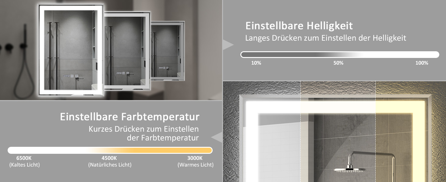 Дзеркало для ванної кімнати YOURLITE з підсвічуванням, 85x55 см, LED, сенсорне керування, 3 кольори світла, регулювання яскравості, антизапар, горизонтальне/вертикальне, IP44, білий (Silver-5070)