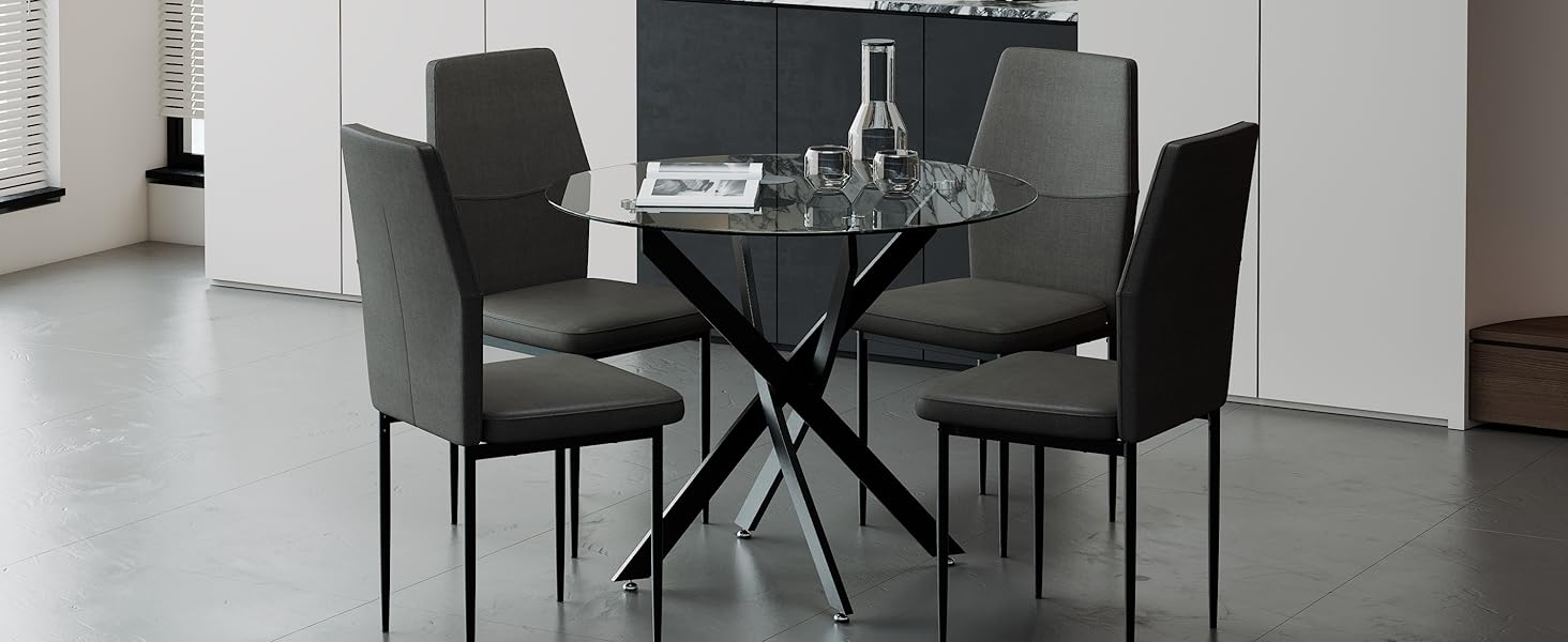 Стілець для обідньої кімнати GOLDFAN (4 шт.) з тканини льон, сірий (чорний), сучасний дизайн, з металевими ніжками