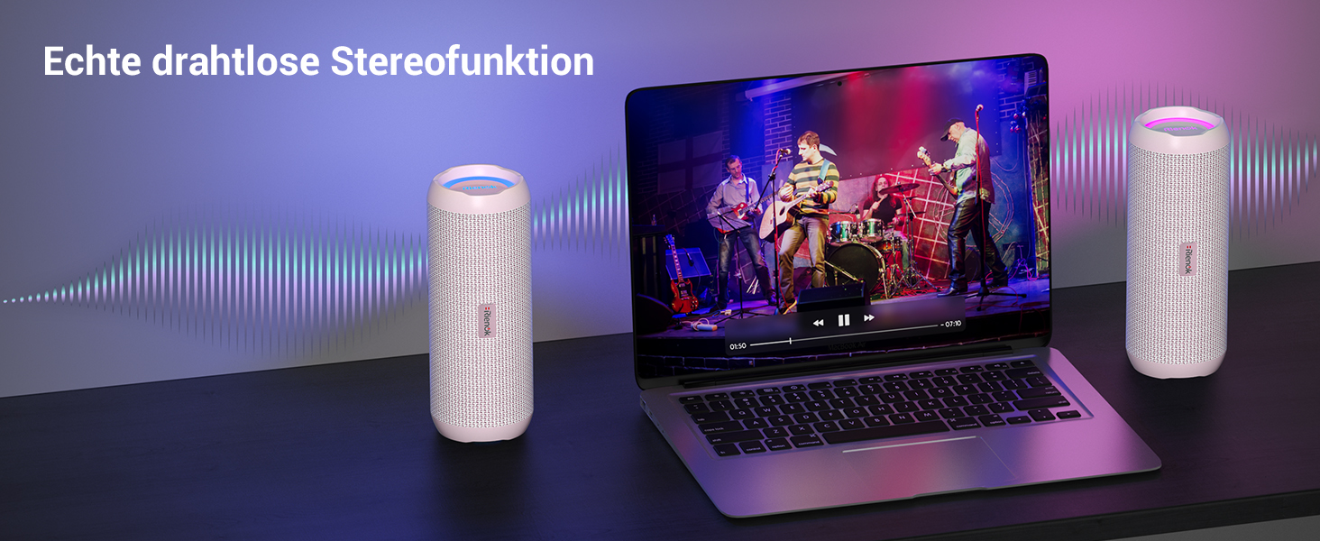 RIENOK Портативна Bluetooth Колонка з Підсвічуванням, Рожева, IPX7 Водонепроникна, 3600 mAh, Bluetooth 5.3, Бас, Стерео Звук