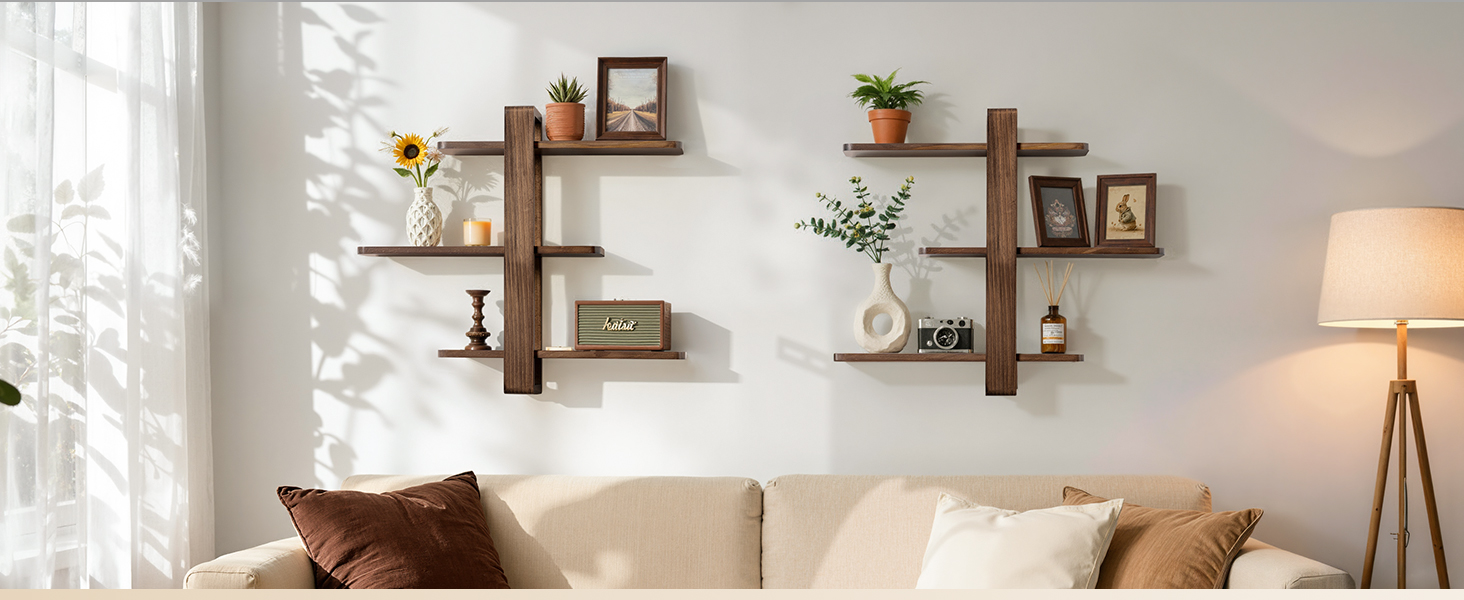Полиця настінна SUMGAR з дерева, плаваючі полиці, 3-ярусна, декоративна, для вітальні, спальні, колір горіх, 50x58 см