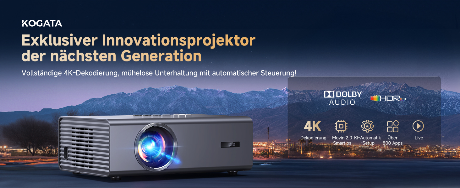 4K Smart проєктор KOGATA з авто-фокусом, WiFi 6, Bluetooth та підтримкою Netflix | Домашній кінотеатр для саду та стрімінгу | Сірий