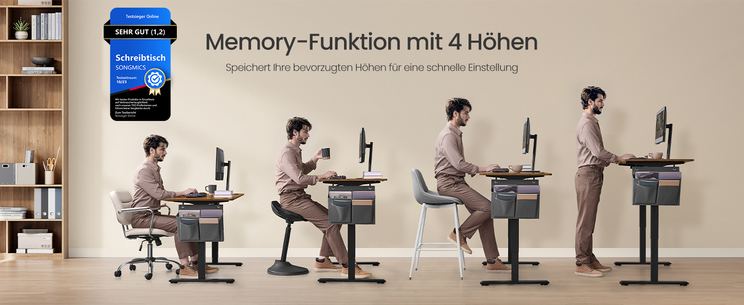 SONGMICS Стол письменний електричний, 160 x 70 см, регульована висота, 4 положення пам'яті, для офісу, вінтажний коричневий, LSD136K01