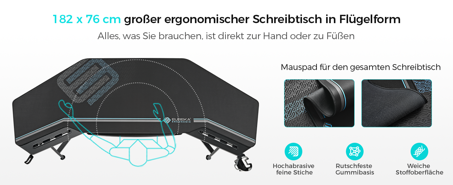 Ігровий стіл EUREKA ERGONOMIC 160x74 см - великий стіл у формі крила з 2 відсіками для iPad. Підходить для дому, офісу, стрімінгу. Чорний колір.