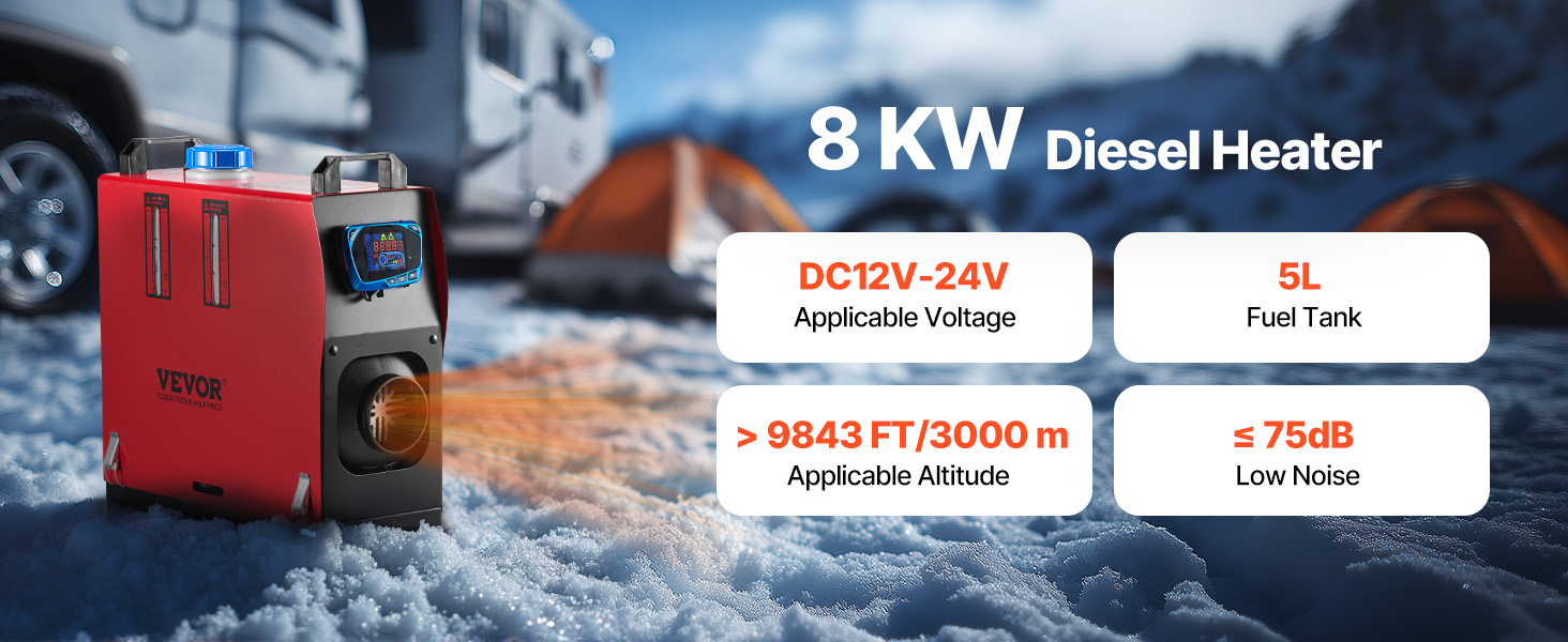 Електрична дизельна пічка опалення VEVOR 12V, 8kW, для авто, RV, човнів, вантажівок, будинків на колесах, автобусів, з вихлопним патрубком (1 вихід)