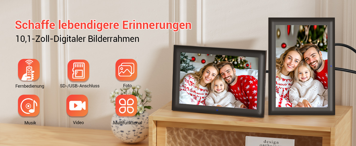 Цифровий фоторамка OBVHNUA 10.1 дюйма з IPS екраном (1280x800) та пультом, USB/SD (128GB), автоповорот, відтворення фото/музики/відео