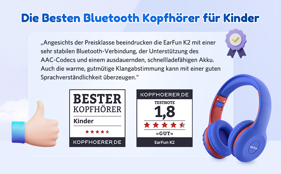 Дитячі навушники EarFun Bluetooth, 85/94 дБ, звук HiFi, HD-мікрофон, 40 годин автономної роботи, складні, темно-синій