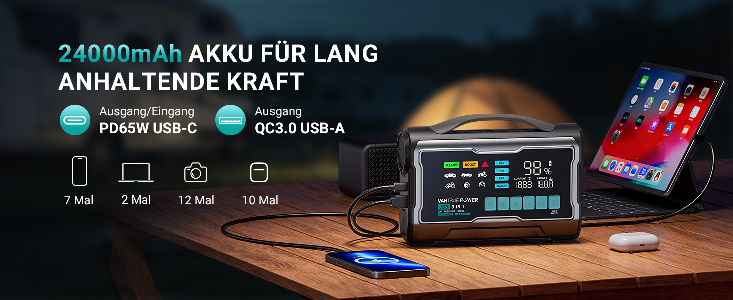 Пусковий пристрій для авто VANTRUE POWER JS3: бустер-павербанк з компресором 160 PSI, чорно-сріблястий