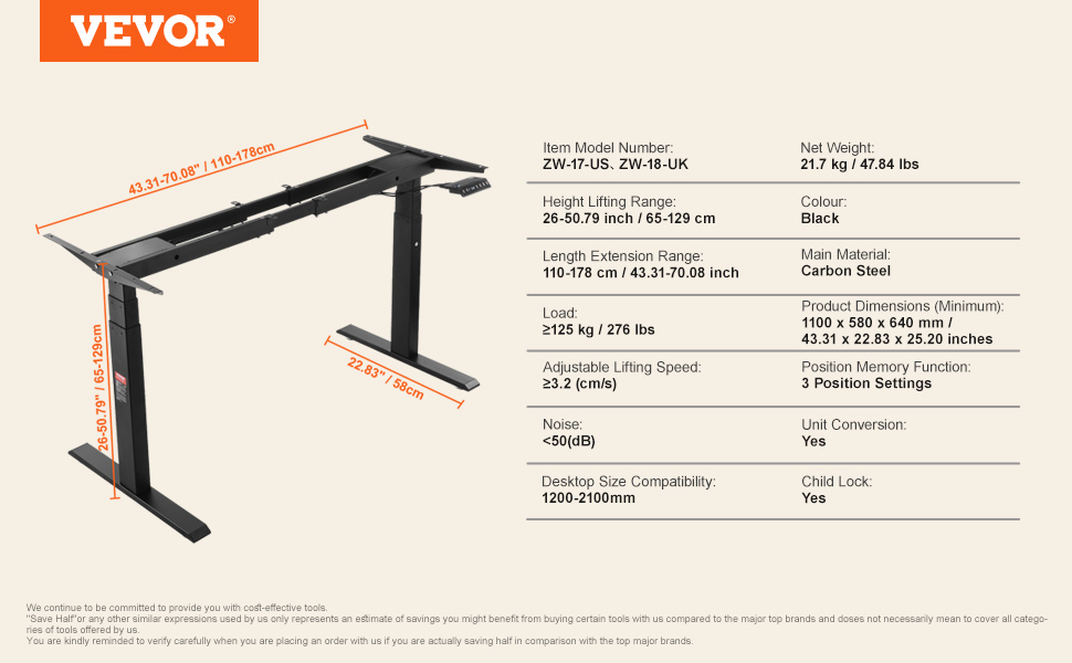 Електричний стіл VEVOR з подвійним мотором, регульована висота 65-129 см та довжина 110-178 см, чорний, для офісу та дому