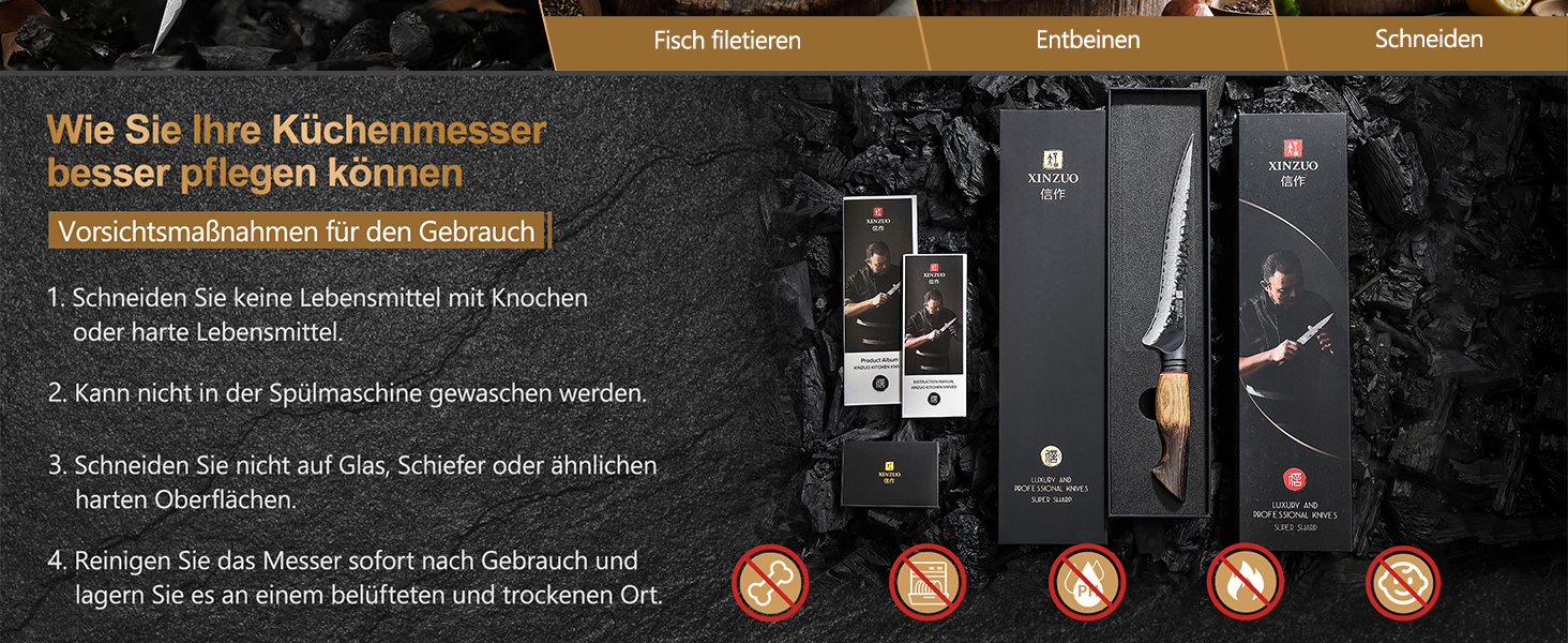 Ніж кухарський XINZUO Damaststahl з нержавіючої сталі Дамаск, 19,3 см - професійний, з ергономічною ручкою з білого дуба, серія Mo (ніж для філетування)