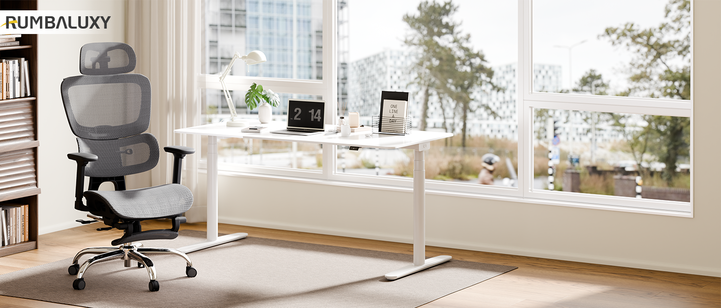 Ергономічне крісло для офісу Voll-Mesh з підголівником, підставкою для ніг, регульованою спинкою, підлокітниками, саморегульованою поперековою підтримкою, PU-колесами, поворот на 360°, 150 кг, темно-сірий