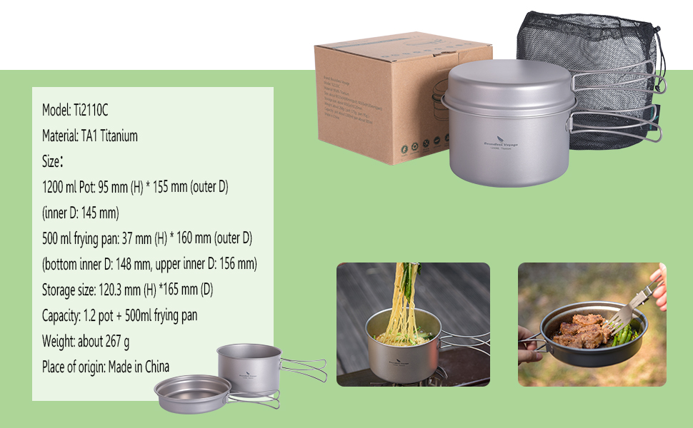Набір кухонного посуду iBasingo Titan Topf Pfanne Set 1200мл & 500мл: каструля, сковорода, миска для кемпінгу, туризму, приготування їжі на природі. Легкий набір з 2 шт. з розкладним ручками. Ідеально для 1 особи. Ti2110C