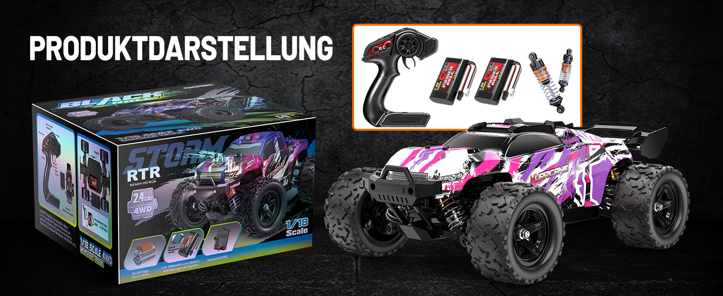 RC Автомобіль Monstertruck 1:18 4WD, Позашляховик 40 км/год, Металеве передавання, 2x1300mAh, Рожевий - для дорослих та дітей від 10 років