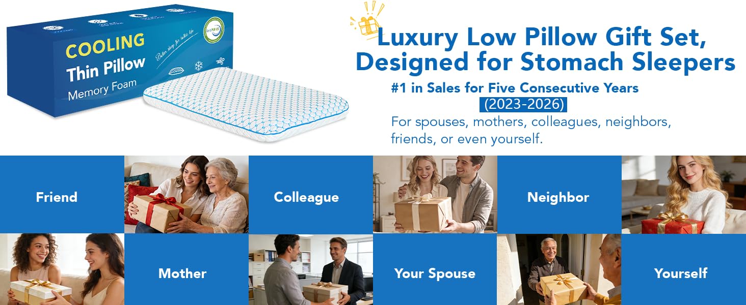 Ортопедична подушка з піною з пам'яті для тих, хто спить на животі та на спині, 40x60 см, 5.7 см, ультратонкий, синьо-білий, знімний чохол