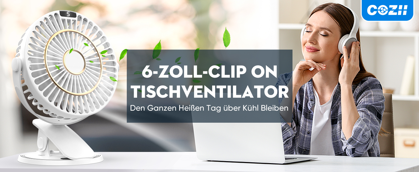 Портативний USB вентилятор COZII Mini з LED-дисплеєм, 5 швидкостей, 720° поворот. Для дому, офісу, дитячого візочка. Білий