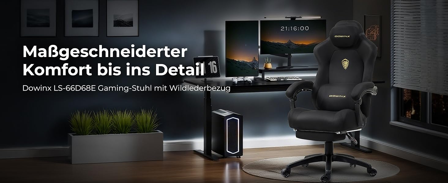 Ігровий крісло Dowinx з регульованою висотою масажного поперекового підпорки, ергономічний дизайн, м'яка мікрофібра велюр, посилене сидіння, підголівник та підніжка в комплекті, кут нахилу 155°, чорний/титан