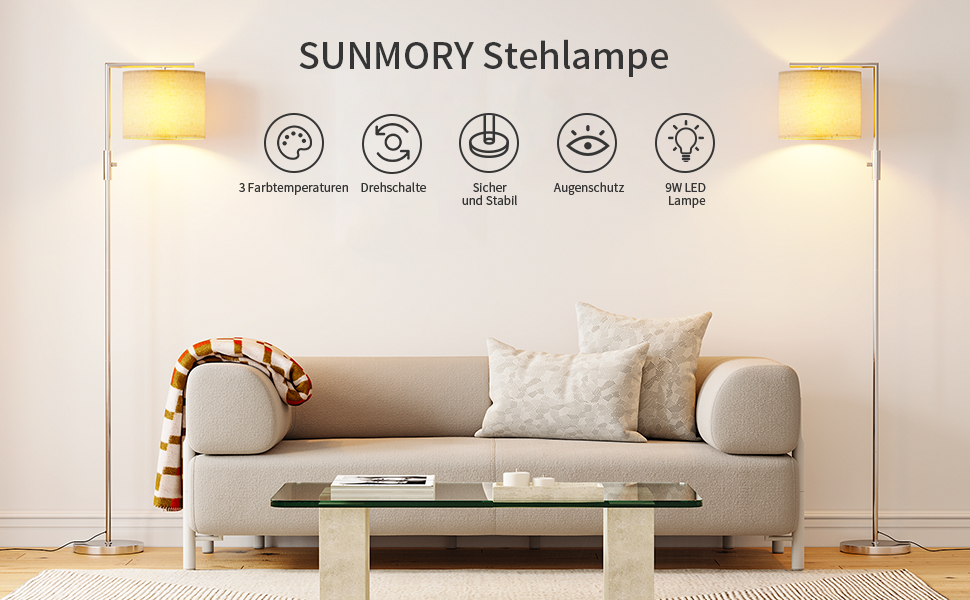 Торшер SUNMORY LED 9W, 3 колірні температури, E27, для вітальні, спальні, кабінету, нікель