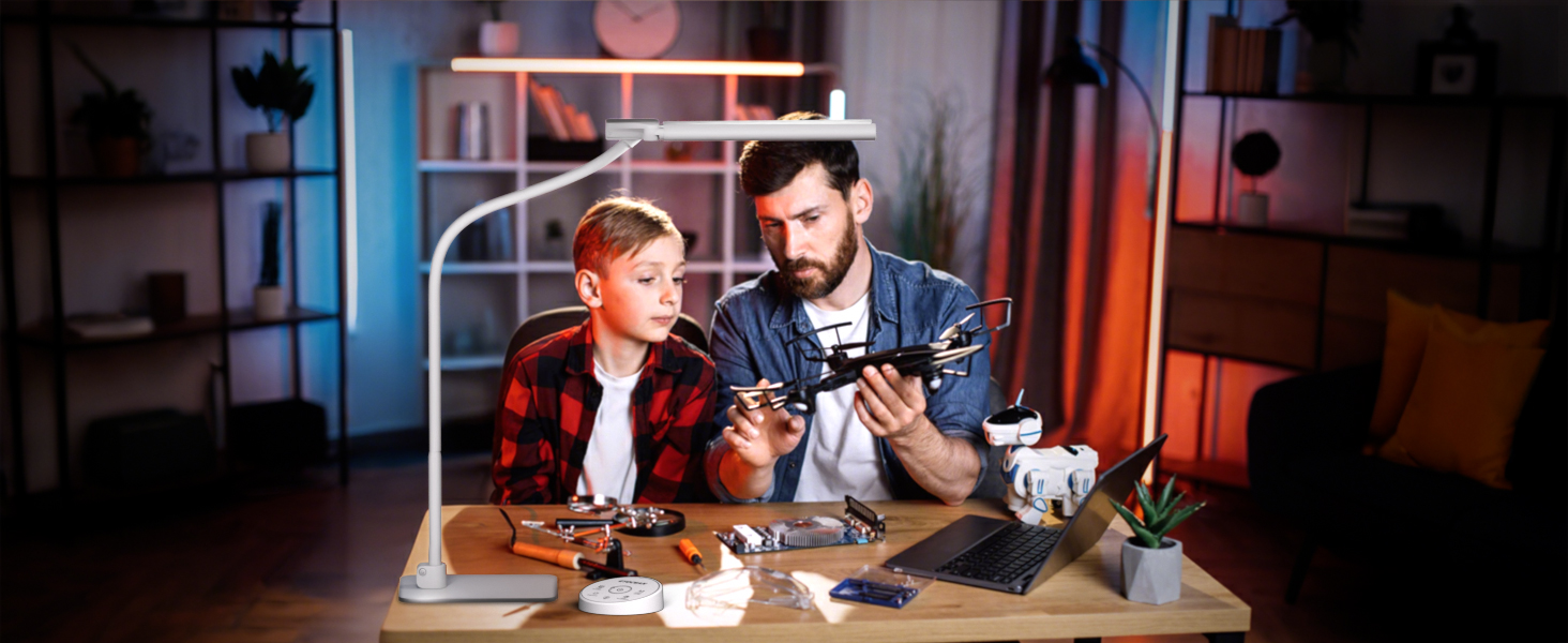 Стіл лампа з двома головками для дітей, захист очей, 16W, 72см, денне світло, диммування, пульт ДУ, лебединий шийка, матовий білий