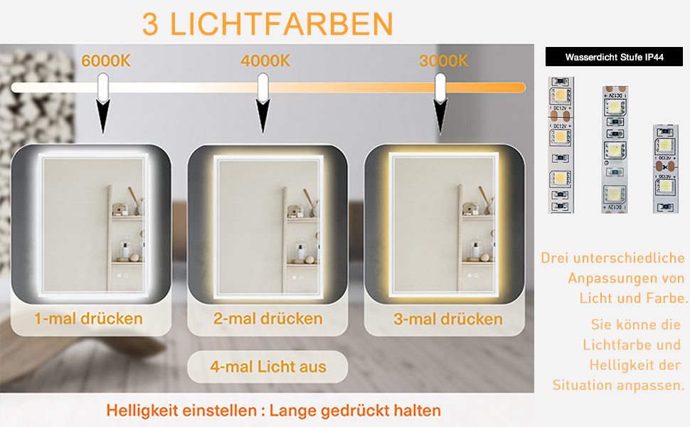 Дзеркало для ванної кімнати Puchika з підсвічуванням LED, 50x70 см, настінне, регульоване, тепле/холодне/нейтральне світло 3000-6400K, IP44, сенсорне керування, антизапар, годинник