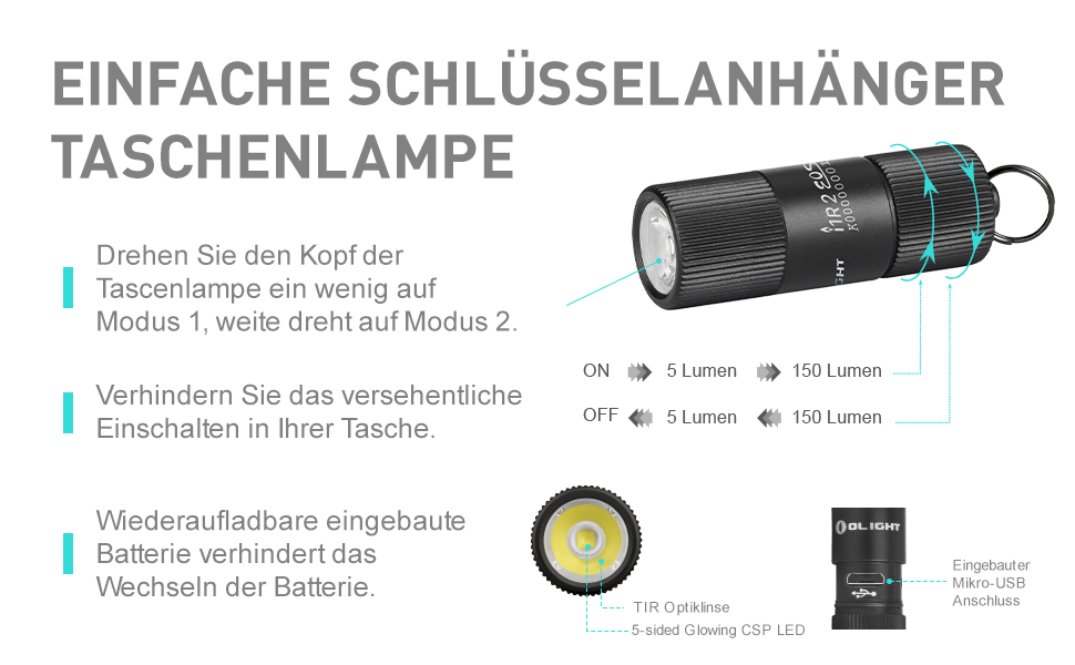 Брелок OLIGHT I1R II міні - Світлодіодний ліхтарик 150 люмен, для брелока акумуляторний маленький ліхтарик EOS, водонепроникний IPX8 для кемпінгу на відкритому повітрі, пішого туризму, з USB-кабелем (чорний)