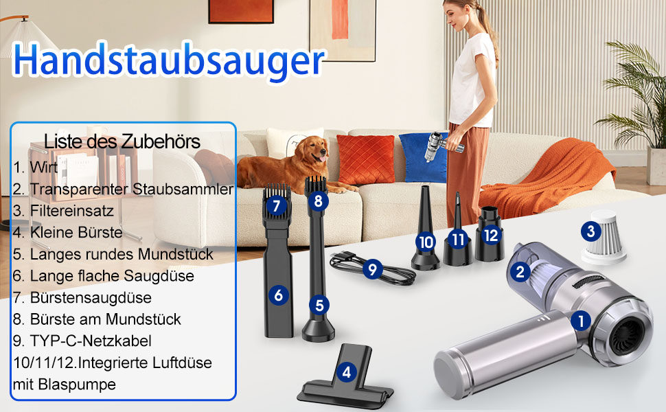 Бездротовий портативний автомобільний пилосос, потужний циклонний міні-пилосос 23000Па з USB-зарядкою для авто, дому та офісу, сріблястий