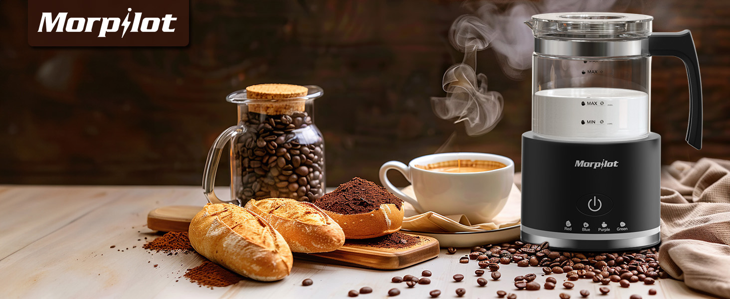 Електричний піноутворювач для молока Morpilot, 130-500 мл, 600 Вт, 4-в-1, для гарячого та холодного молока, миється в посудомийній машині, скляний, дизайн Latte, чорний