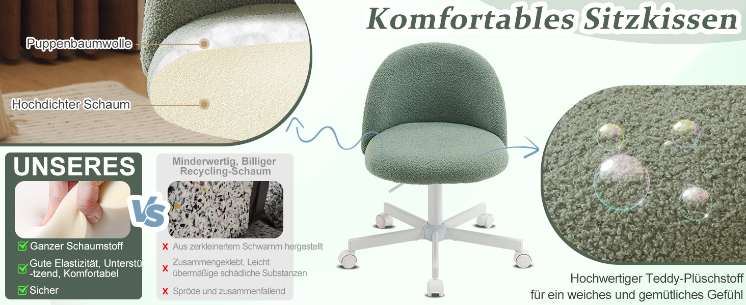 Офісне крісло Bonnlo з роликами, регульована висота, для робочого кабінету, спальні, home office, обшите тедді, білий (зелений)