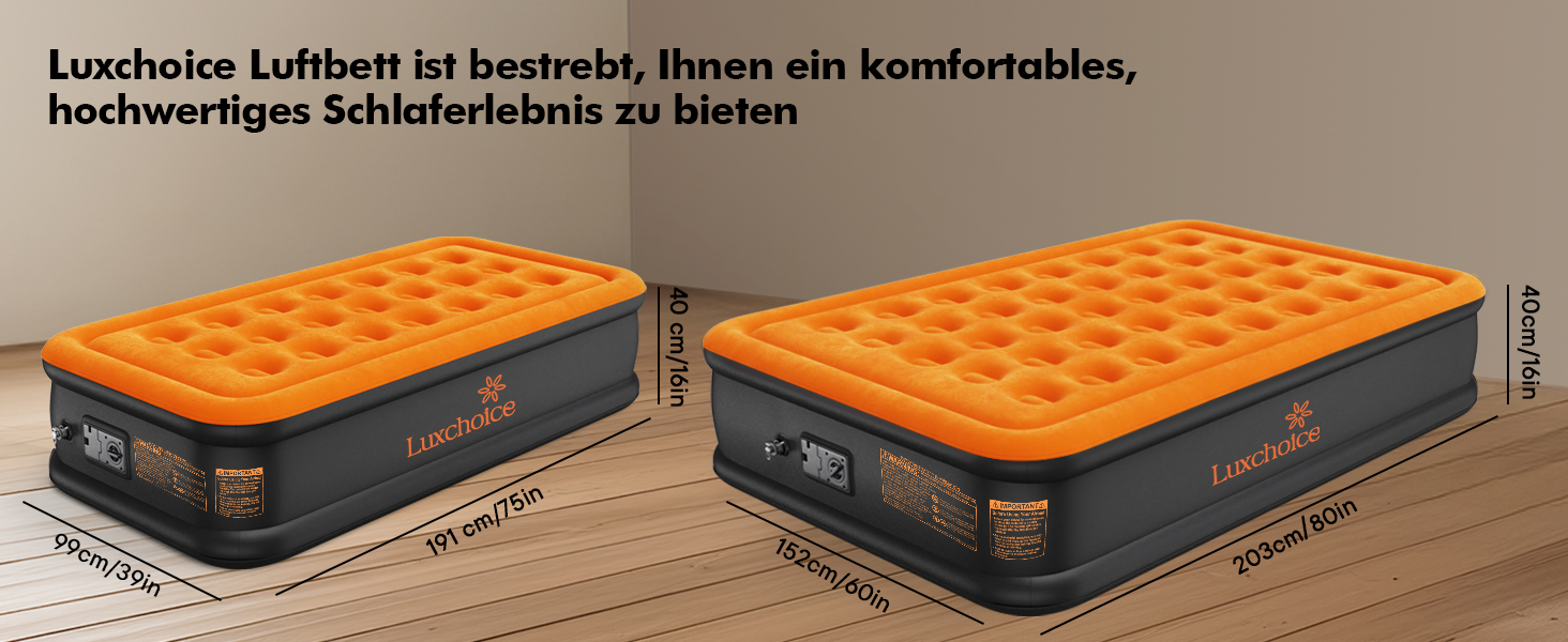 Надувне ліжко Luxchoice з електричним насосом для 2 осіб (205x155x38 см) - Dark Orange