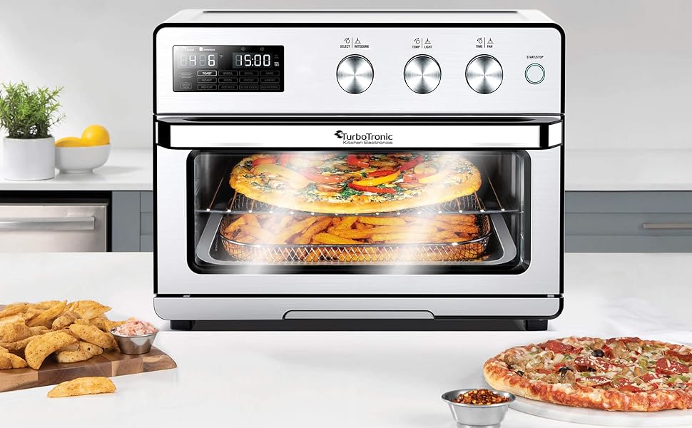TurboTronic Цифровий конвекційний духовий шафа XXL 32 літри з поворотним шампуром для курки 5-в-1, міні-духовка, сушарка та фритюрниця Airfryer від 25°C, сріблястий