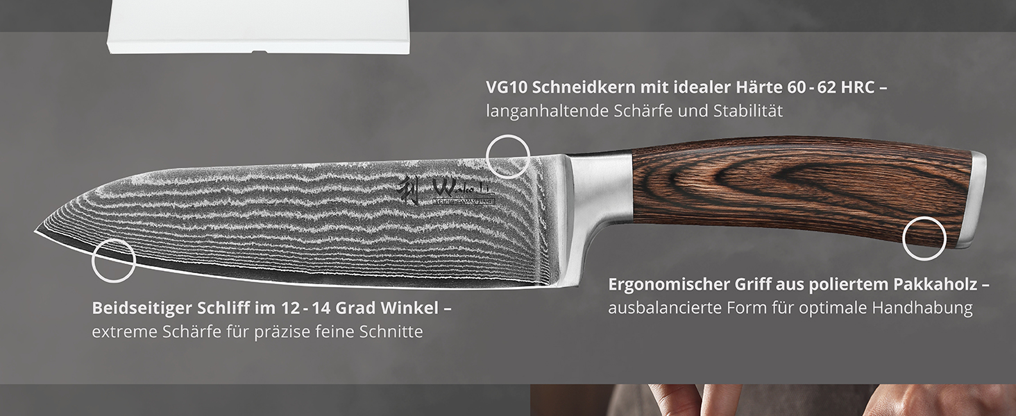 Набір кухонних ножів Wakoli EDIB з магнітним блоком | 3 ножі з дамаської сталі (8,5-17см) з VG10-сердечником, дерев'яні ручки, для овочів та м'яса