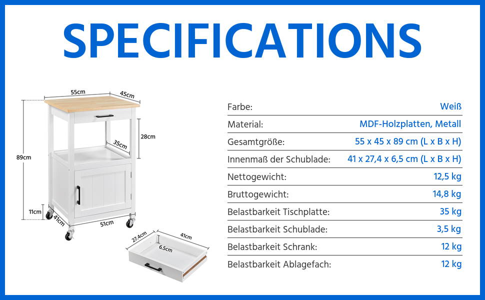 Кухонний візок Yaheetech на колесах з шафкою та полицею, 55x45x89 см, білий, у стилі кантрі