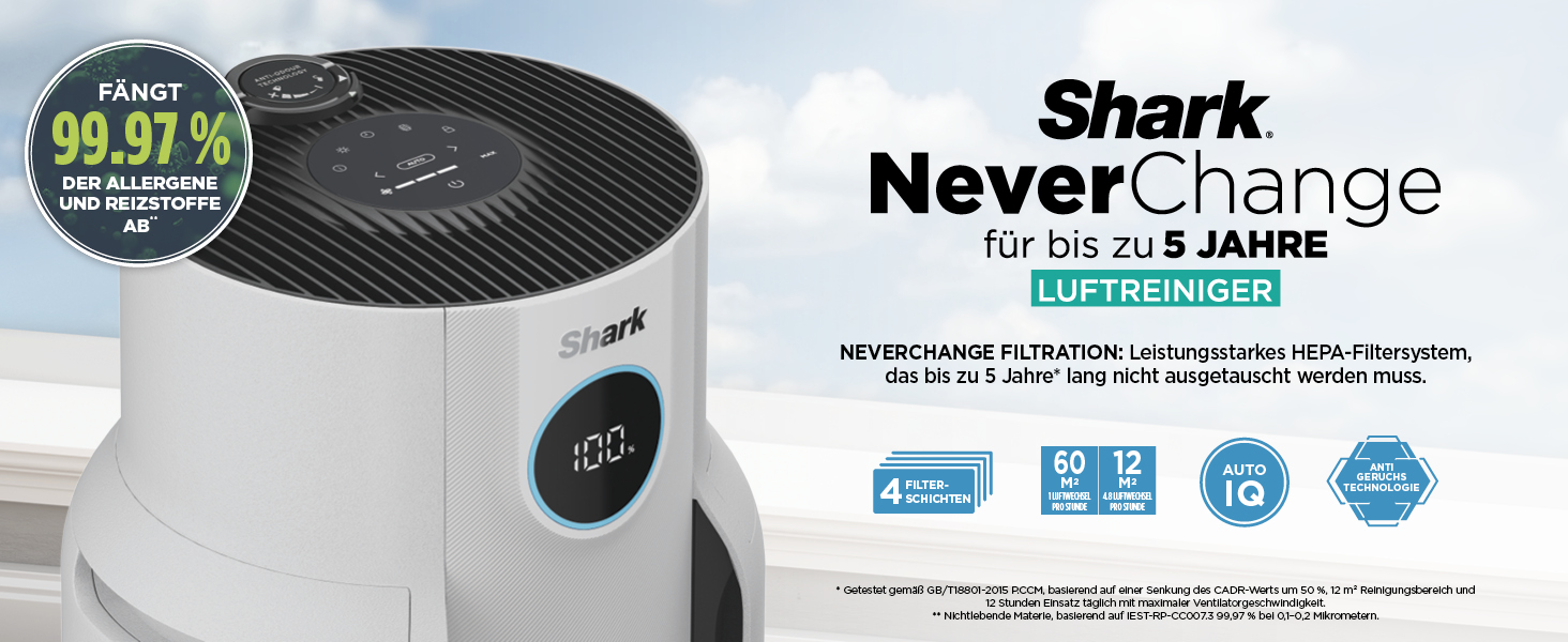 Повітряний очисник Shark NeverChange HP150EU: HEPA-фільтр на 5 років, 60 м², для дому, білий