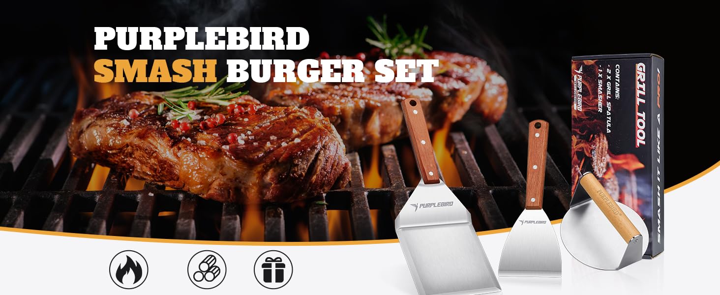 Набір гриль-посуду PURPLEBIRD 5 предметів: професійний інструмент з нержавіючої сталі, сумка-фартух, дерев'яні ручки, ідеальний для BBQ, Teppanyaki, подарунок для чоловіків (набір для бургерів)