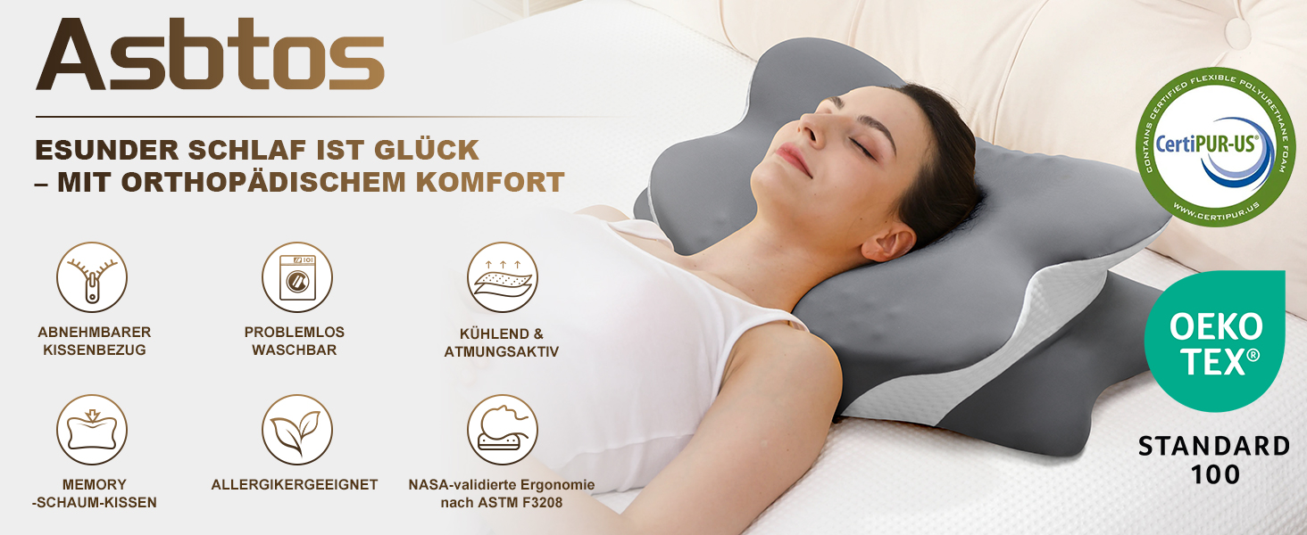 Ортопедична подушка для шиї з Memory Foam, сертифікат Oeko-Tex® | Підходить для сну на боці, спині та животі | Подушка для шиї для алергіків, сірого кольору (1 шт)