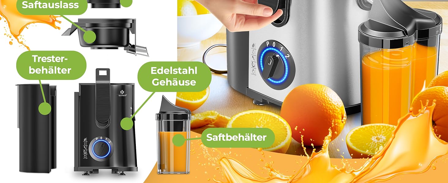 KESSER® Електрична центрифужна соковитискачка для фруктів та овочів з нержавіючої сталі 1100W, велика завантажувальна трубка, 3 швидкості, сірий/срібний колір