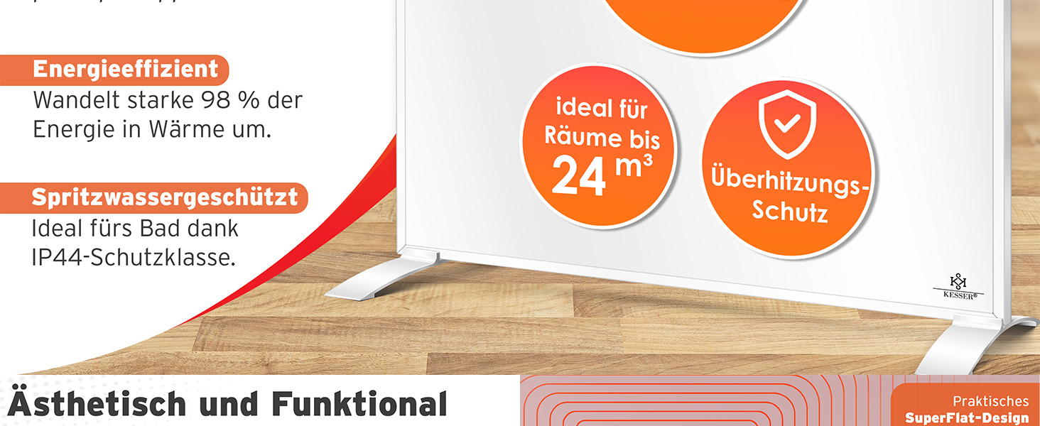 Інфрачервовий обігрівач KESSER® 350W: підлоговий/стінний, з пультом, термостатом та керуванням через додаток. Економія енергії, білий.