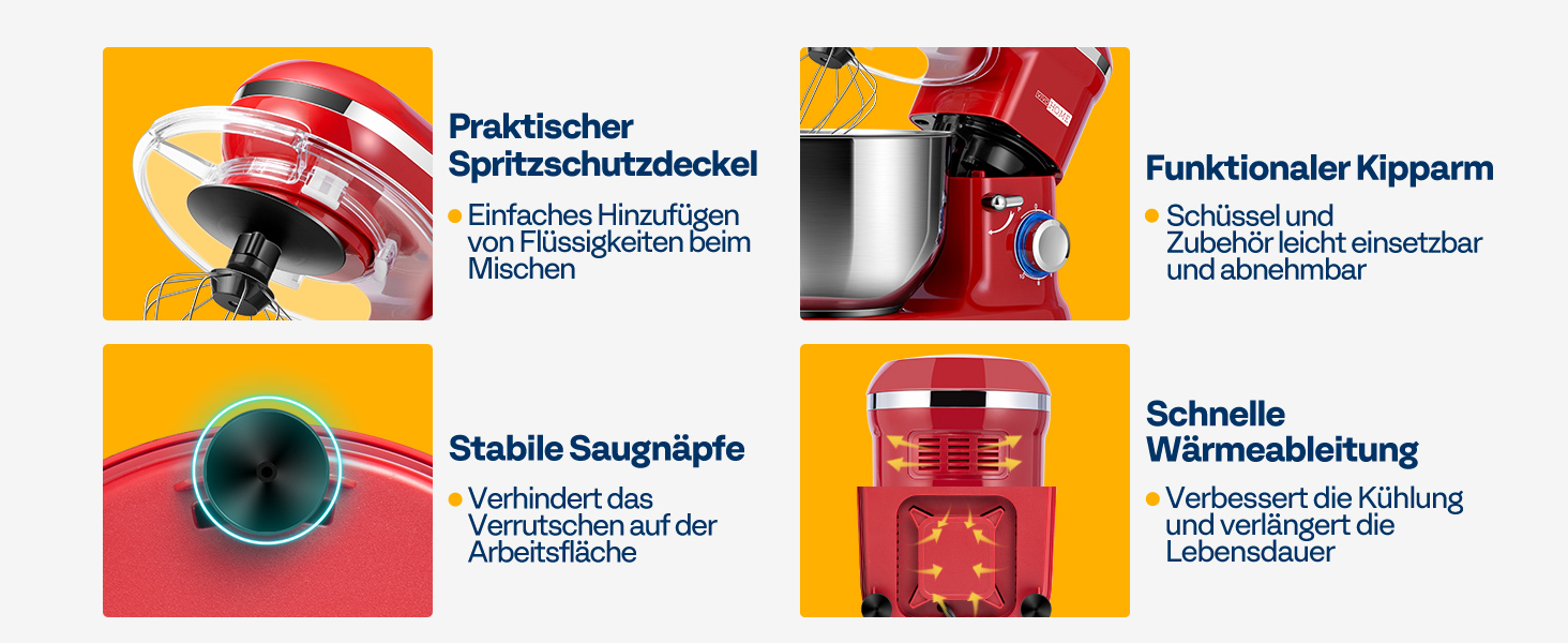 Кухонна машина VIVOHOME 5.7L: потужний міксер з 10 швидкостями, функцією імпульсу та набором насадок (червоний)