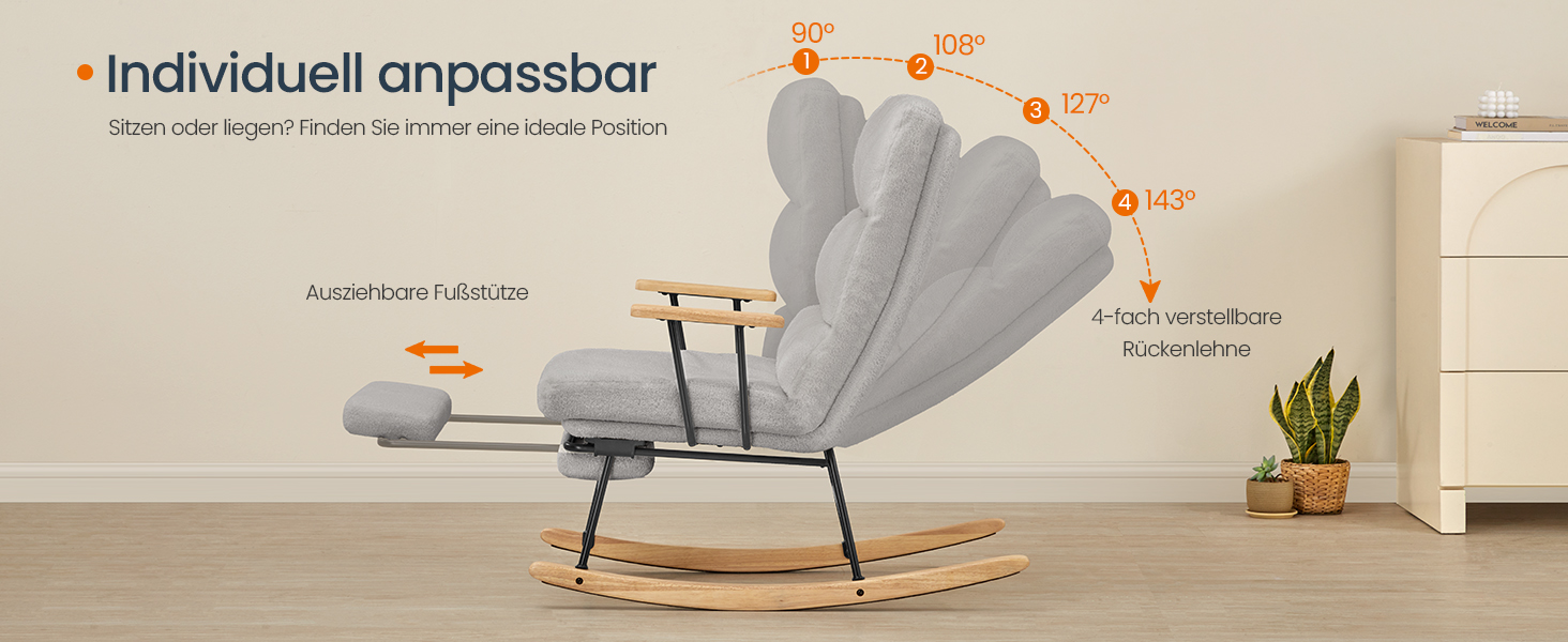 Крісло-гойдалка SONGMICS HOME з дерева каучука, з флісовою оббивкою, регульована спинка, до 160 кг, сірий (LYY016LJ01)