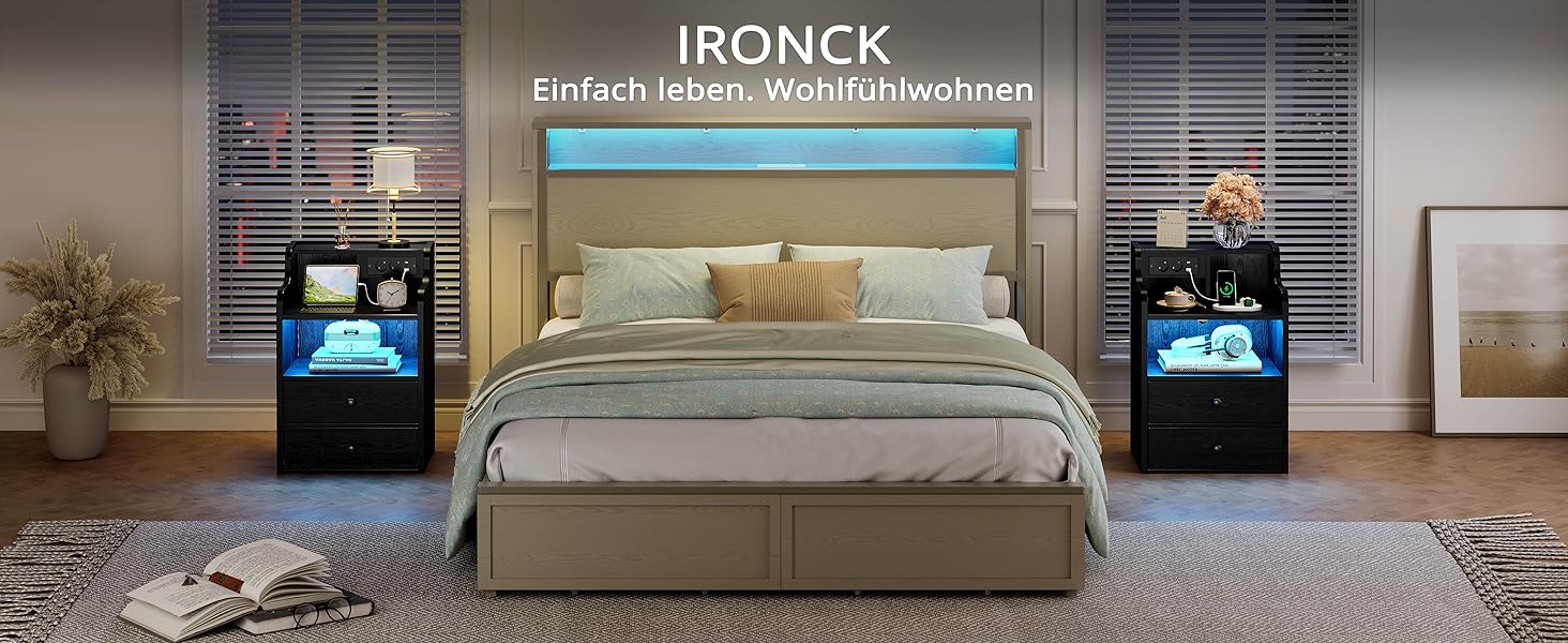 Нічний столик IRONCK з LED-підсвічуванням, розеткою та функцією зарядки, з ящиками, чорний