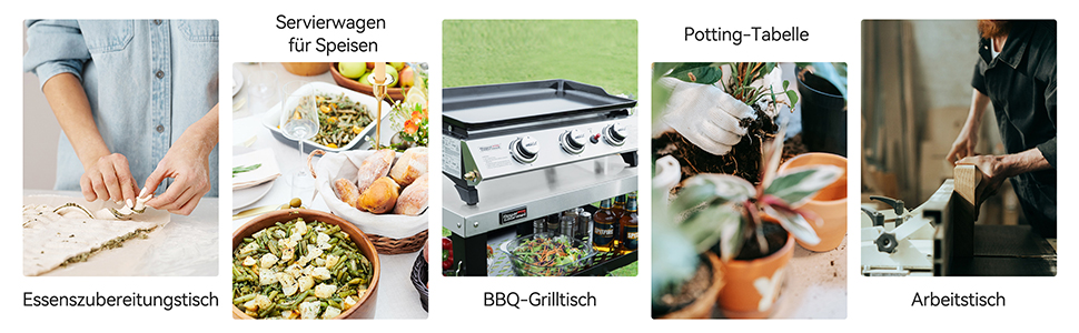 Сервісний візок Royal Gourmet з 3 ярусами, контейнер для сміття, візок для кухні, приставний столик, гриль Plancha, візок для гриля, з нержавіючої сталі, срібний, робоча поверхня 85 x 50 см