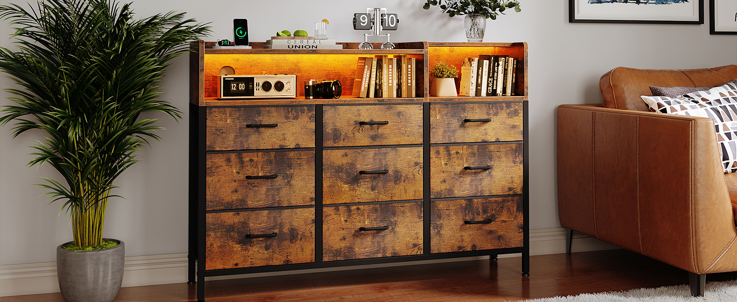 Комод ODK з шухлядами, 2 розетки, 2 USB, 10 LED-смужок, полиця-стільниця, 9 тканинних шухляд, чорний (ретро стиль), 130x30x97 см