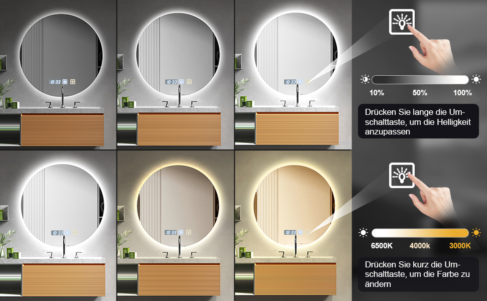 Дзеркало для ванної кімнати Sararoom з підсвічуванням, кругле LED дзеркало 600 мм, з підсвічуванням, 3 кольори світла, регулювання яскравості, запобігання запотіванню, кругле скло, функція пам'яті, 600 x 600 мм