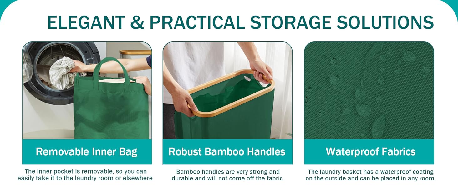 Кошик для білизни Youdenova з кришкою, 48л, вузький, з мішком, сортувальник, бамбук, білий
